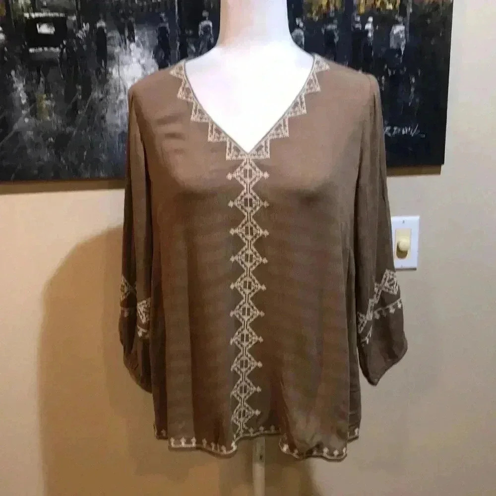 J. Jill Women’s Boho Embroidered Blouse Top Brown Cream Long Sleeves Vneck-MP